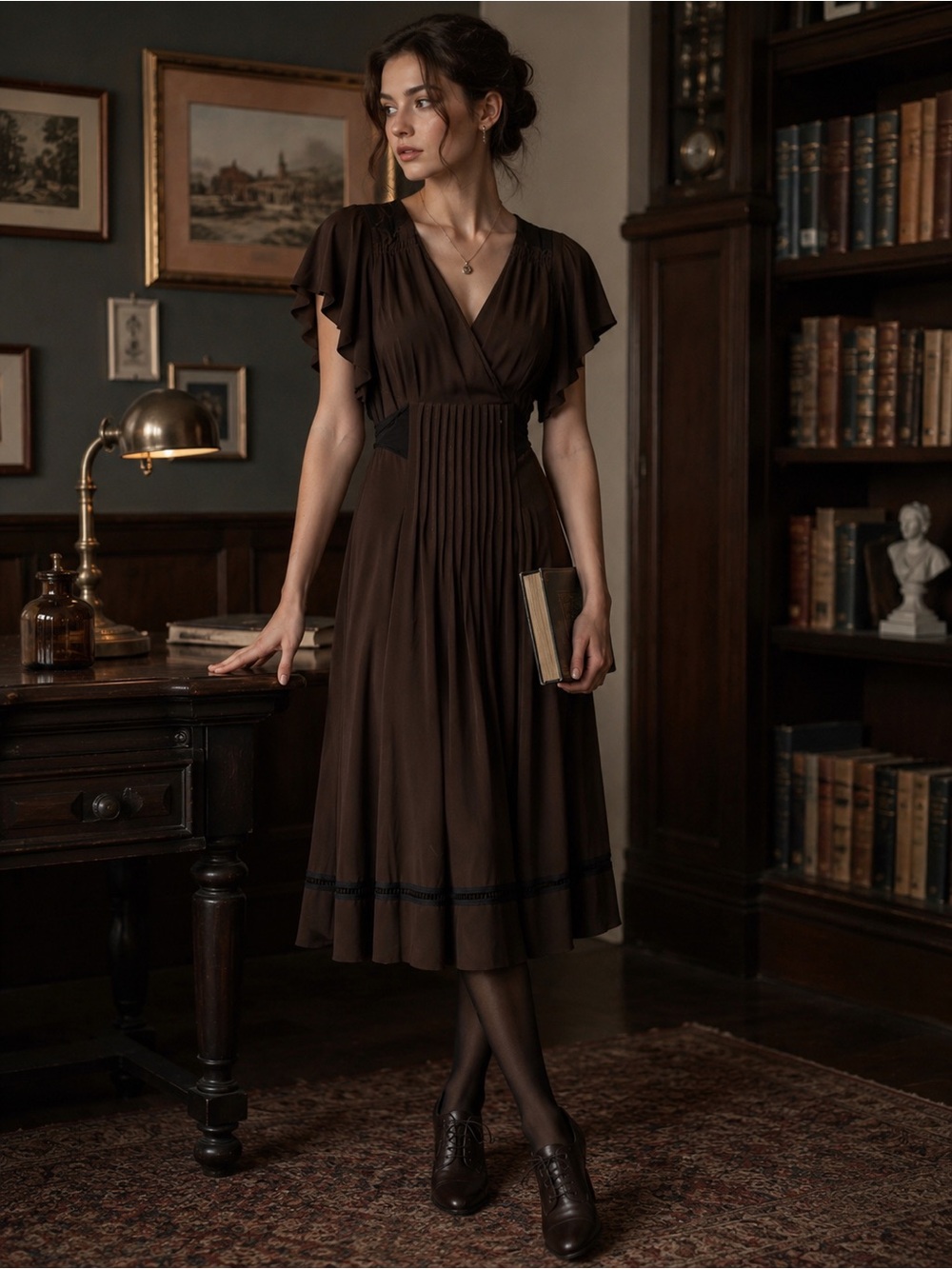 Adrianna Papell Sz 8 VintageInspired Brown TeaDress FlutterSleeve Dark Academia